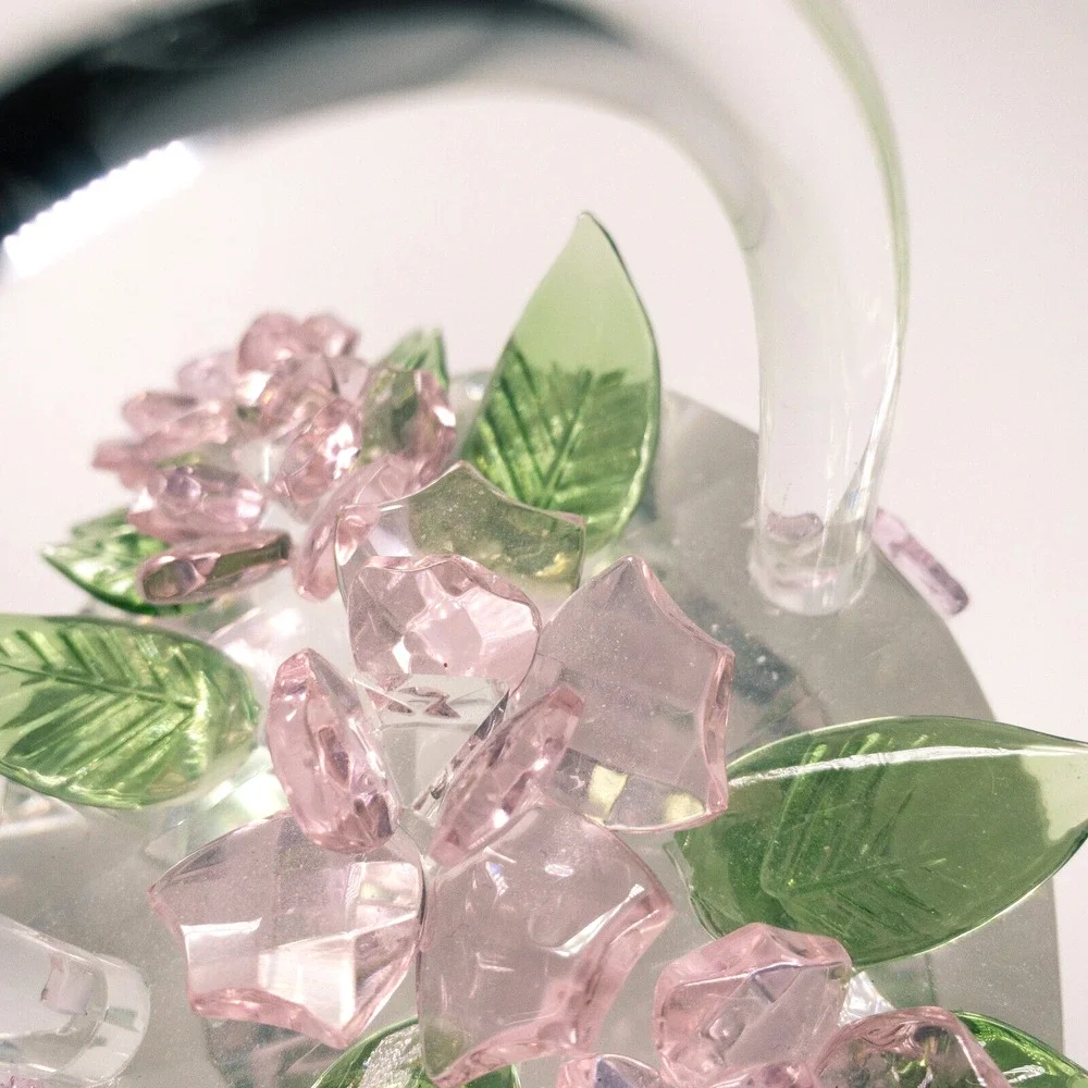 Sorelle Crystal Spring Basket of Flowers Pink Petals Green Leaves Bow 5 in Tall